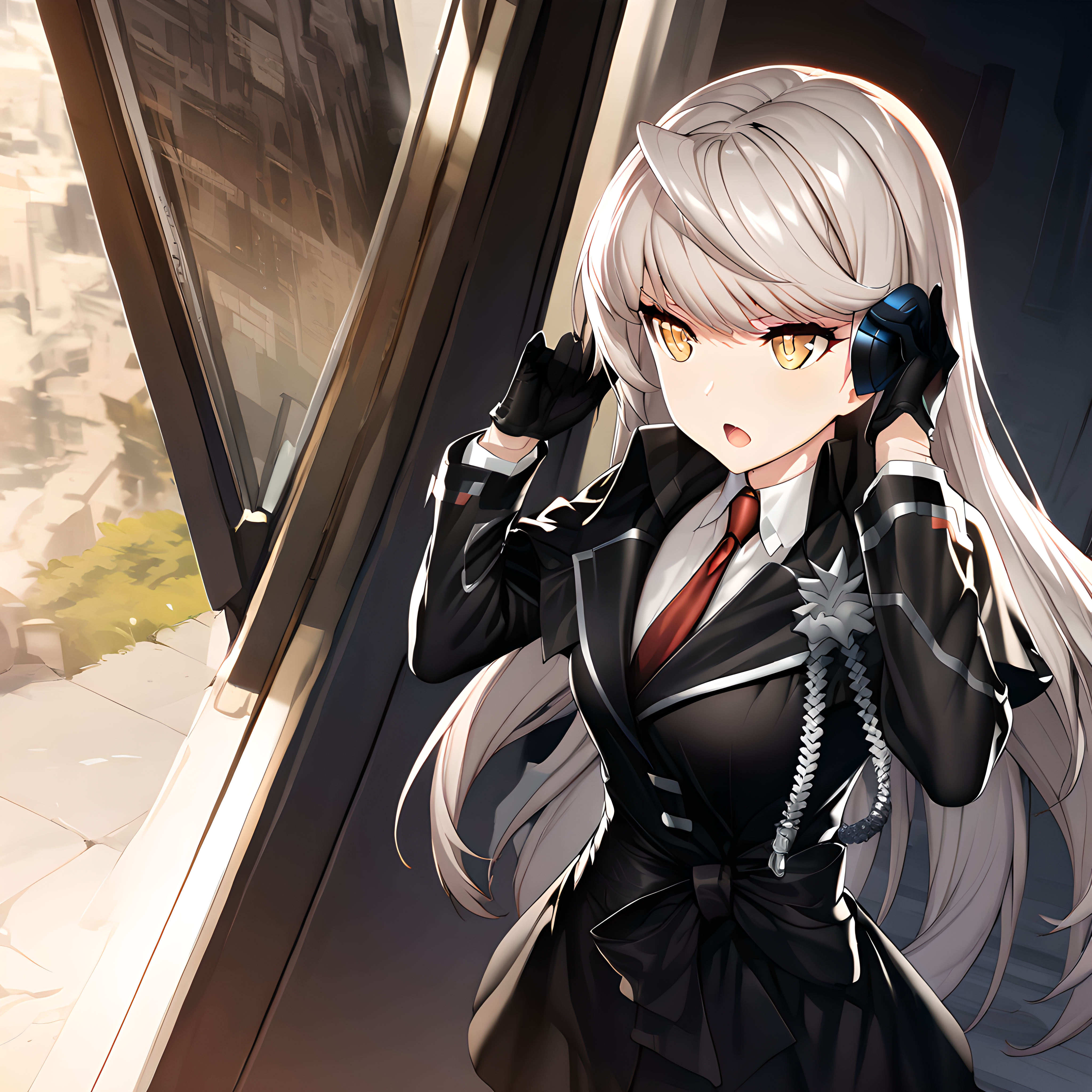 (masterpiece),(best quality),(ultra-detailed),(best illustration),(best shadow),(absurdres),(detailed background),(very aesthetic)hilde, fenrirsquad, 1girl, long hair, solo, necktie, gloves, red necktie, open mouth, talking on phone, yellow eyes, phone<lora:Hilde_-_CounterSide_SDXL_Animagine_XL_3.1:1>