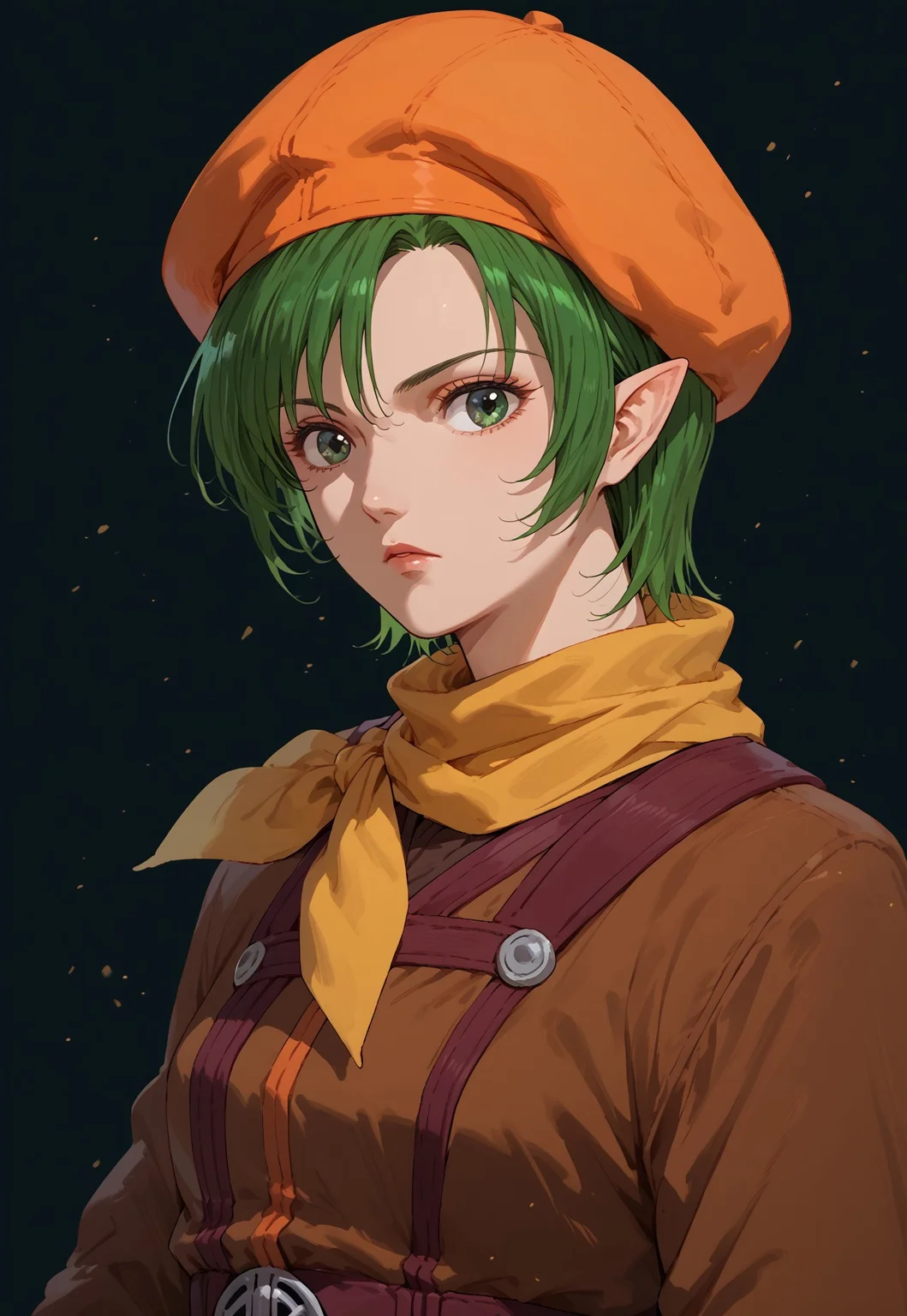 score_9, score_8_up, score_7_up, 1girl, solo, Miriya, green hair, green eyes, short hair, pointy ears, orange hat, upper body, waist up, yellow scarf, brown outfit 