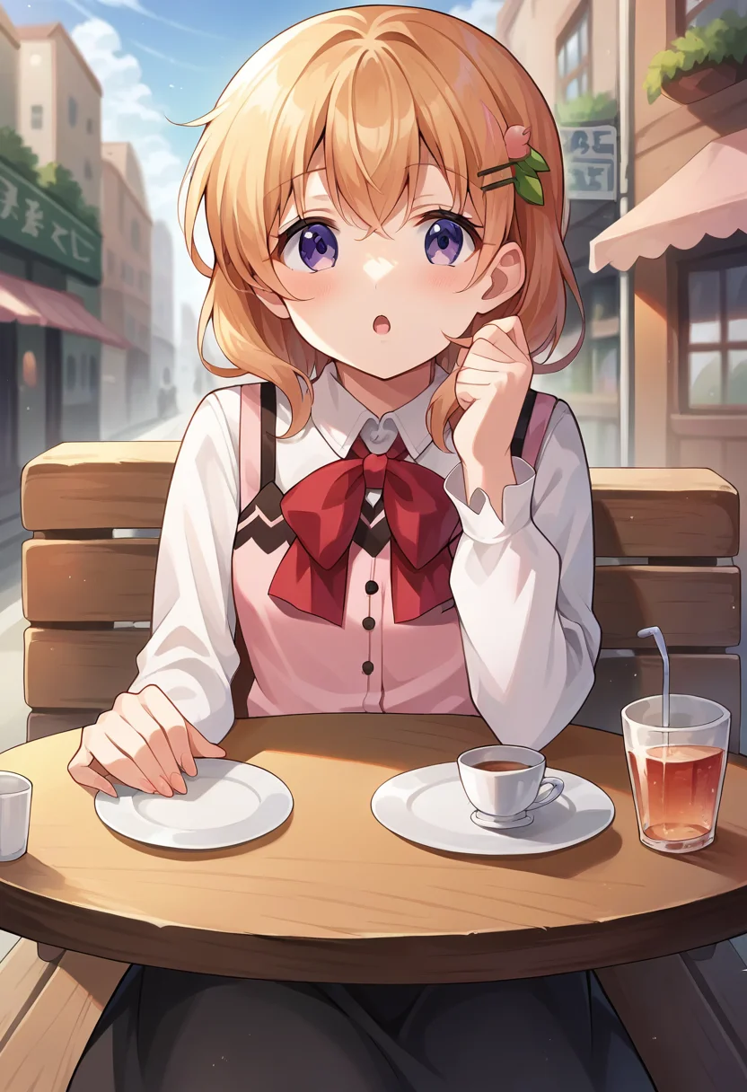 score_9, score_8_up, score_7_up, source_anime, masterpiece, 1girl, ctiank0k0a, dress shirt, long sleeves, pink vest, black skirt, long skirt, red ribbon, looking at viewer, outdoors, city, depth of field, chestnut mouth, hand up, facing viewer, sitting, cafe, table, pov, pov across table, <lora:Hoto_Kokoa_pony_ct:0.9>,