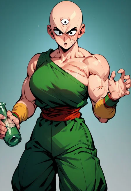 score_9, score_8_up,score_7_up, score_6_up, score_5_up, score_4_up,score_9, score_8_up, score_7_up, tien, third eye, bald, black eyes, muscular female, green shirt, single bare shoulder, scar on chest, green pants, green wristband, red sash, sleeveless, yellow leg warmers, black flats, shocked expression, standing, holding empty glass bottle, genderswap \(mtf\) cowboy shot, exclemation point over head,