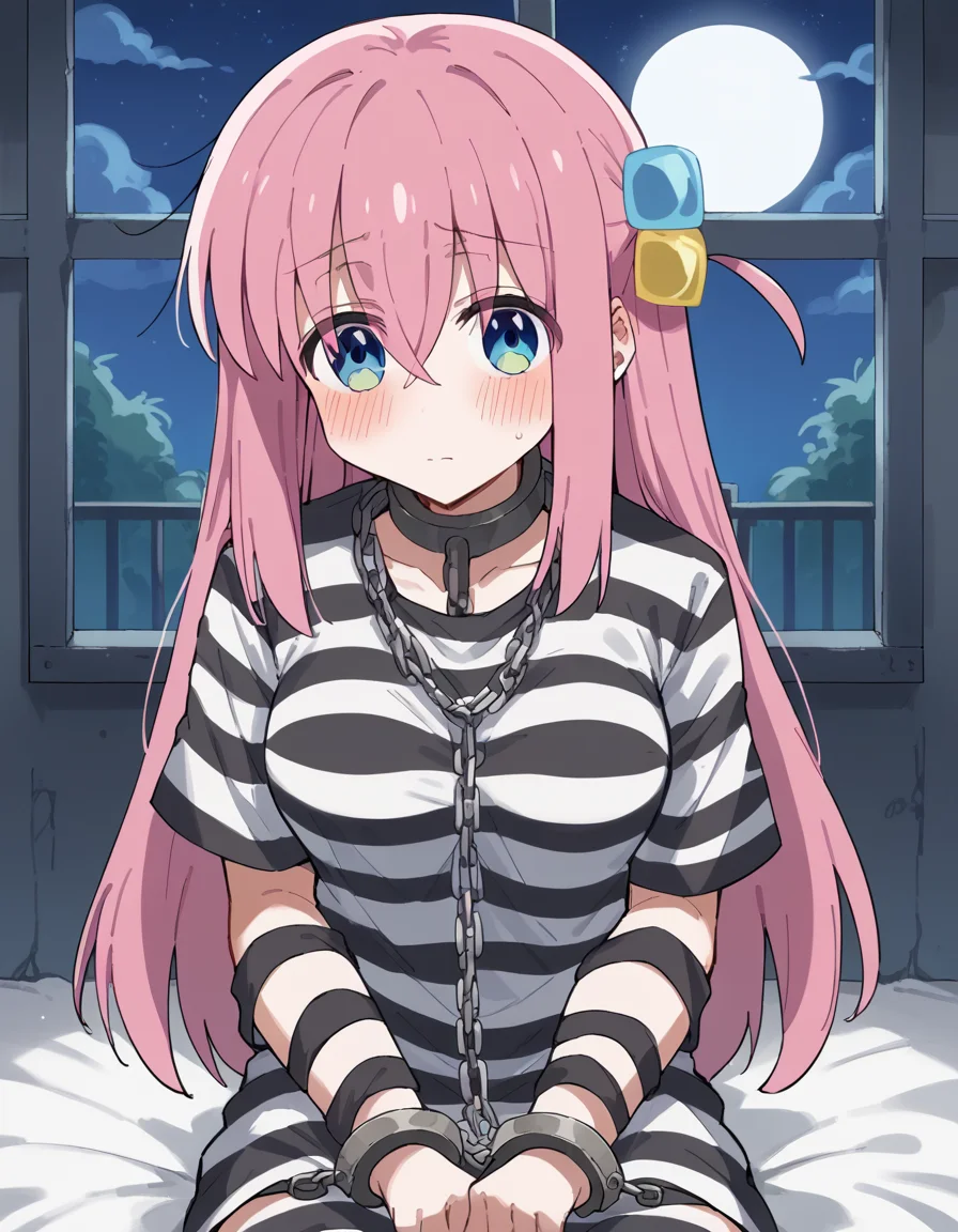 score_9, score_8_up, score_7_up, source_anime, hitorigotou, <lora:hitori-gotou-s1-ponyxl-lora-nochekaiser:1>, hitori gotou, blue eyes, cube hair ornament, hair between eyes, hair ornament, pink hair, one side up, long hair, medium breasts,, <lora:prison-clothes-ponyxl-lora-nochekaiser:1> prison clothes, prisoner, prison cell, prison, striped shirt, shackles, handcuffs, chain,, sitting, on bed, looking at viewer, blush, night, moon, moonlight, night sky, window, three quarter view, cowboy shot,