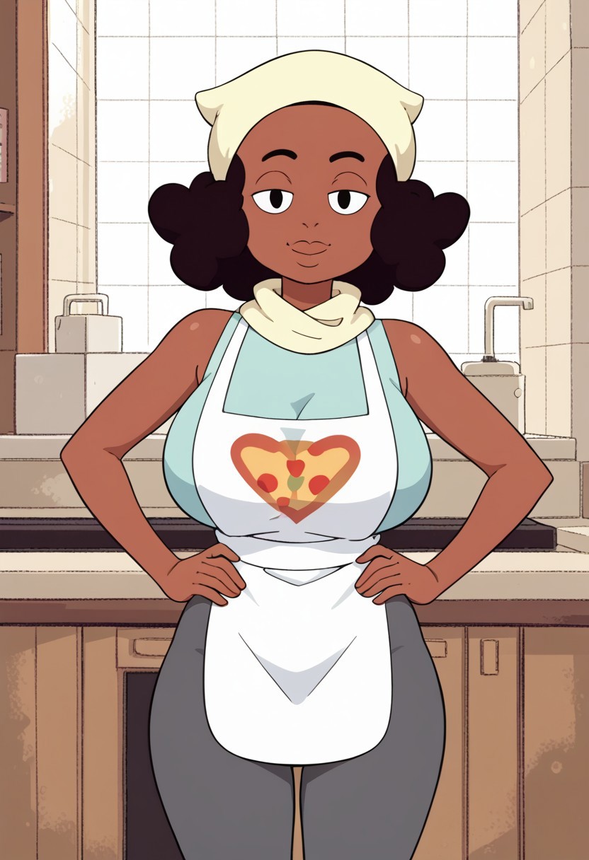 score_9, 1girl, Solo, Kiki_SU, brown skin, black eyes, dark brown hair, curly hair, beige scarf on head, black eyebrown, light cyan shirt, dark gray leggings, white apron, black shoes, looking at viewer, smile, half-closed eyes, huge breasts, long breasts, cowboy shot, indoors, hands on hips, retro artstyle, medium stature