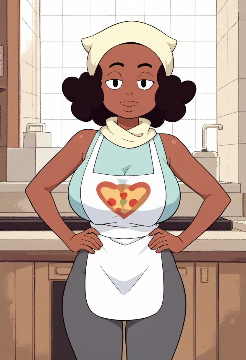score_9, 1girl, Solo, Kiki_SU, brown skin, black eyes, dark brown hair, curly hair, beige scarf on head, black eyebrown, light cyan shirt, dark gray leggings, white apron, black shoes, looking at viewer, smile, half-closed eyes, huge breasts, long breasts, cowboy shot, indoors, hands on hips, retro artstyle, medium stature