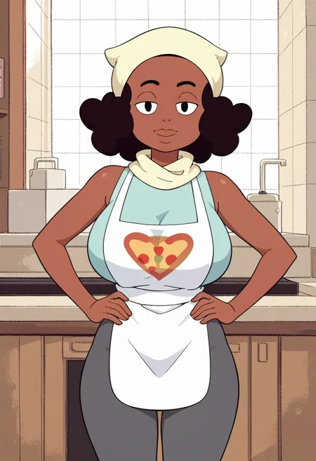 score_9, 1girl, Solo, Kiki_SU, brown skin, black eyes, dark brown hair, curly hair, beige scarf on head, black eyebrown, light cyan shirt, dark gray leggings, white apron, black shoes, looking at viewer, smile, half-closed eyes, huge breasts, long breasts, cowboy shot, indoors, hands on hips, retro artstyle, medium stature