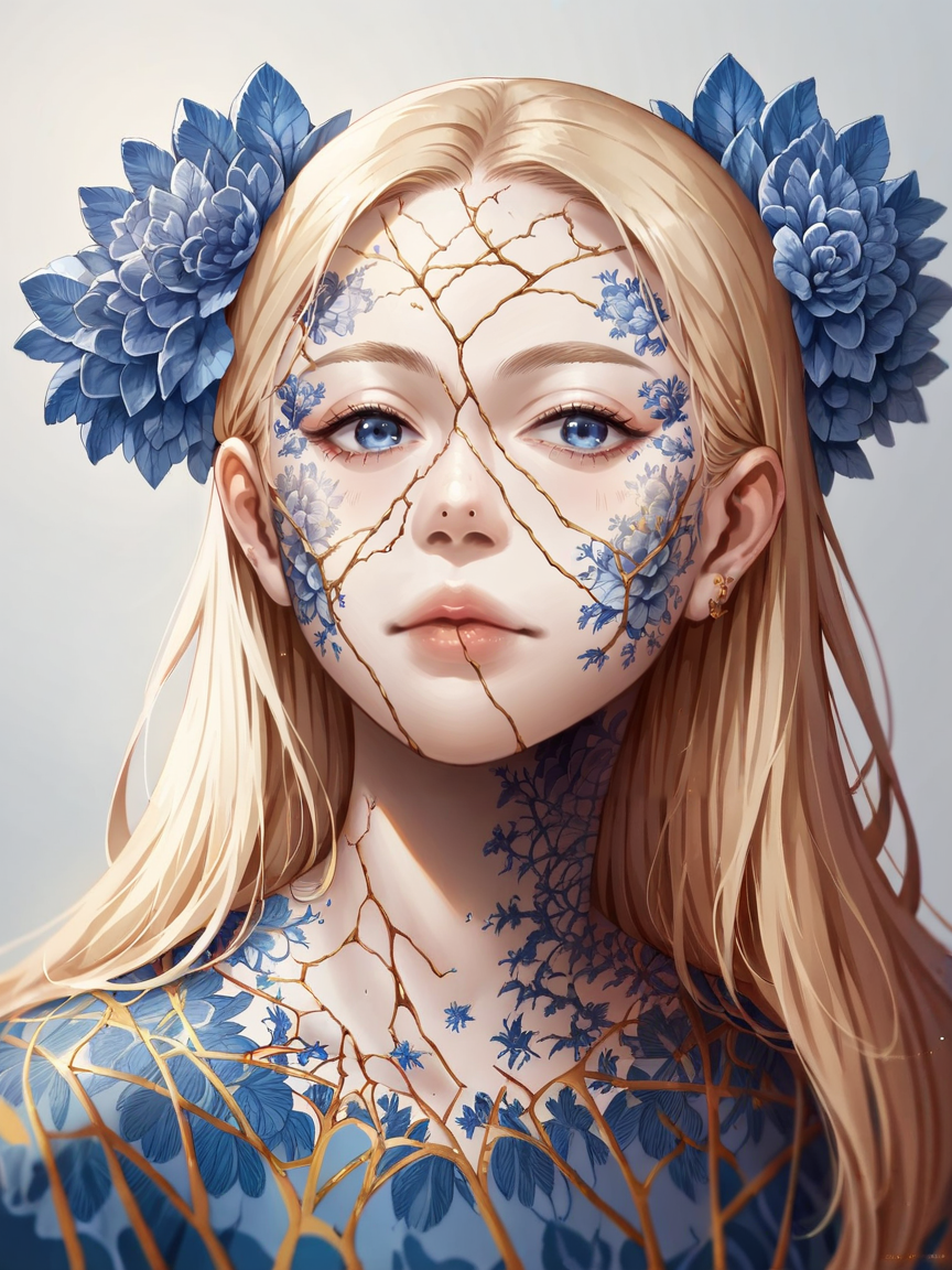 score_9, score_8_up, score_7_up, score_6_up, score_5_up, score_4_up,   <lora:K1ntsug1XLP:0.8> 1girl, blue willow pattern, k1ntsug1, blue eyes, gold cracks, kintsugi, long hair,