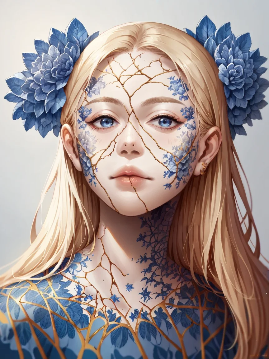 score_9, score_8_up, score_7_up, score_6_up, score_5_up, score_4_up,   <lora:K1ntsug1XLP:0.8> 1girl, blue willow pattern, k1ntsug1, blue eyes, gold cracks, kintsugi, long hair,