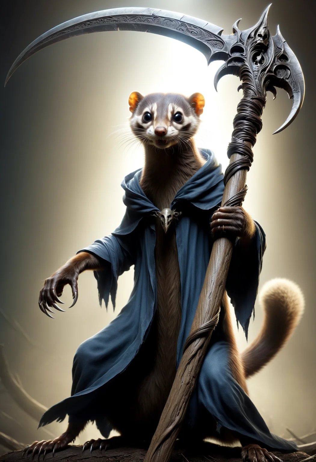 weasel holding a DonM5cy7h3XL scythe, single blade <lora:DonM5cy7h3XL-v1.1-000006:0.8>