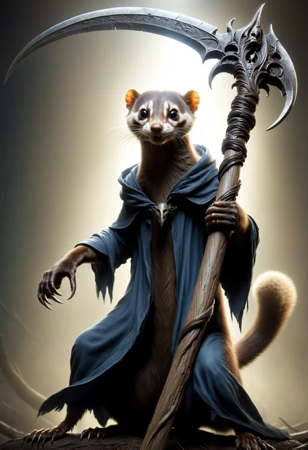 weasel  holding a DonM5cy7h3XL scythe, single blade  <lora:DonM5cy7h3XL-v1.1-000006:0.8>