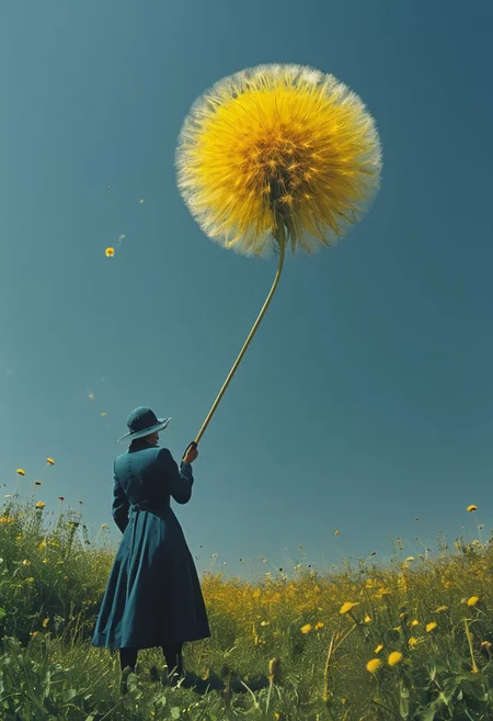 Dark, bosstyle, By Franco fontana, amazing quality, masterpiece, best quality, hyper detailed, ultra detailed, UHD, perfect anatomy, dof, hyper-realism, majestic, awesome, inspiring, Vintage Female gardener with flamethrower-rifle fights against beautiful Angst dandelion boss, cinematic composition, soft shadows,
