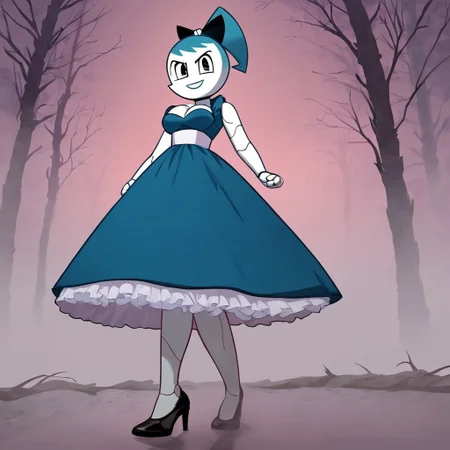 (Masterpiece, best quality:1.2), score_9, score_8_up, flat color, flat shading, soft shading, lighting, Jenny Wakeman as an adult, (((in a 1950's full length formal dark blue dress, a white belt, a fluffy frilly ruffled full white petticoat, and black high heels))), dress, layered petticoat, frilly petticoat, fluffy petticoat, full petticoat, detailed petticoat, wide skirt, detailed outfit, flowing skirt, (((long skirt))), (((solid dark blue colored dress, black high heels))), blue hair, series accurate, cute, best high quality, high res, robot, humanoid robot, (((giant breasts, cleavage))), whole body shot, 1girl, (((solo, outside, in a dark creepy forest, at night, heavy fog surrounding her, fog, heavy fog, looking at you, low angle))), (((evil, evil smile, determined evil eyes, posing gracefully and evilly))), low angle shot, cartoon, cartoon style, vector, solo, circle dress, 1950s, dance dress jenny, jenny wakeman, 1girl, solo, robot joints, black eyes, white skin, ponytail, hair bow, blue rose chest corsage, poofy dress, blue hair, flat lighting,