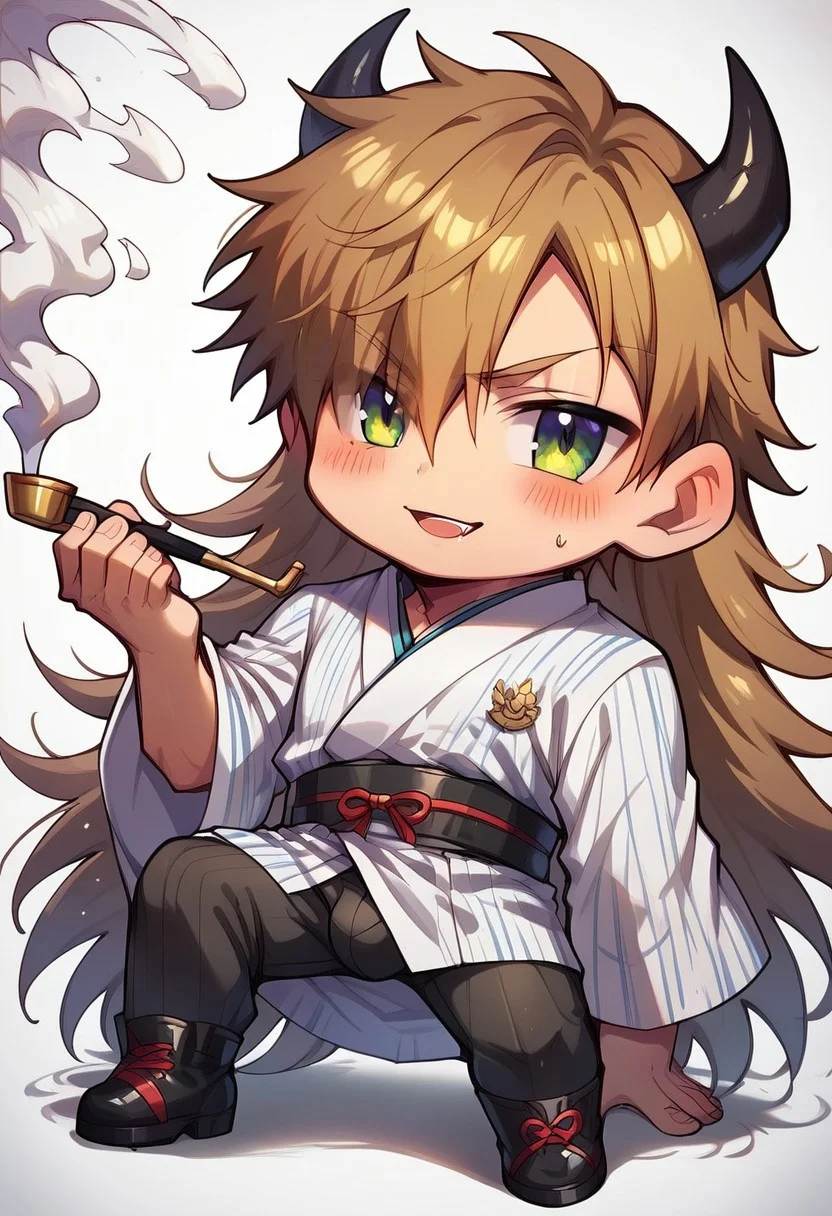 score_9, score_8_up, score_7_up, score_6_up, masterpiece, uncensored, best quality, amazing quality, best aesthetic, absurdres, intricate details, close up, full body, full view, yaoi, gay, source_anime BREAK 1boy, fighting stance, ready to draw, one knee down, holding smoking pipe, solo, male focus, chibi BREAK very long hair, brown hair, hair over one eye BREAK black and white kimono, wide sleeves, horns, tails BREAK white background BREAK look at viewer, shy, blush, confident, arrogant smile, squinting, relaxed eyebrows BREAK ch3b3sq4at