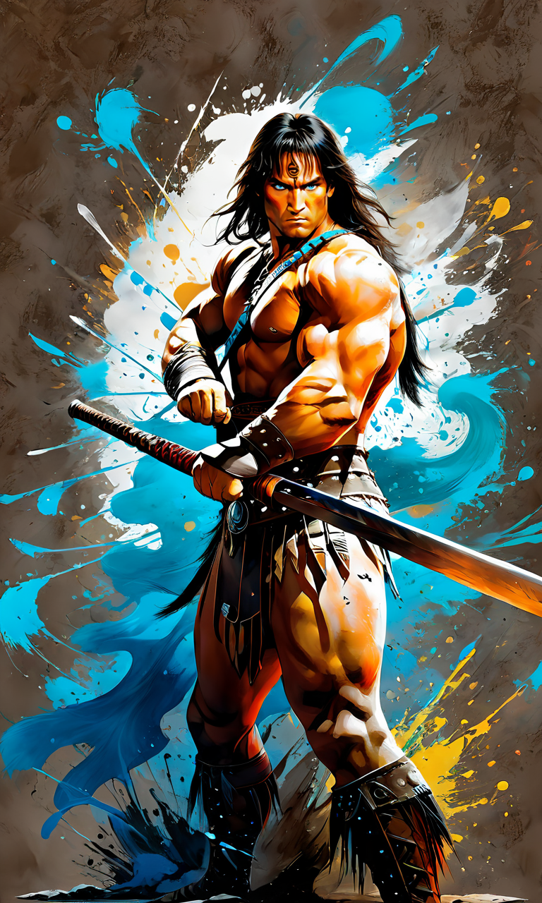 portrait of conan the barbarian with a sword, paintsplashsdxl, <lora:paintsplashsdxl:1>, vibrant color, best quality, masterpiece, green and blue paint, 5 fingers