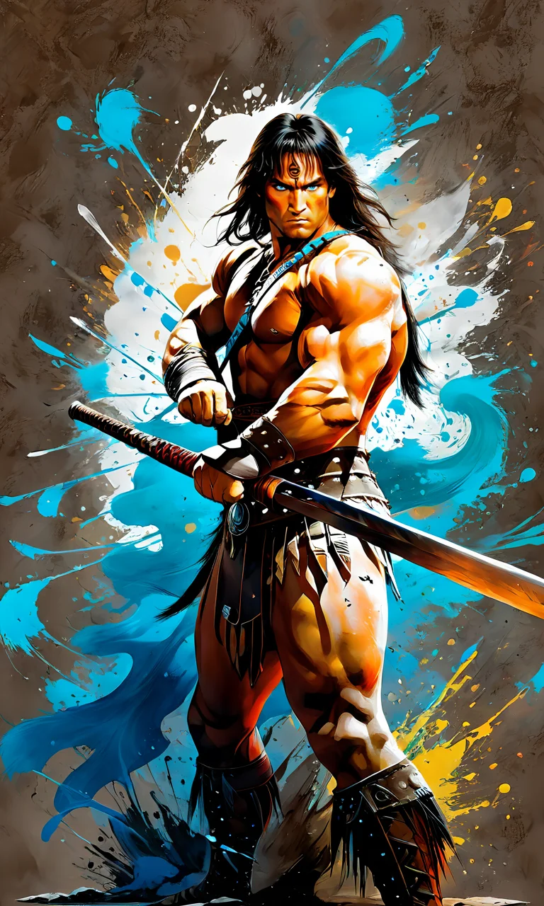 portrait of conan the barbarian with a sword, paintsplashsdxl, <lora:paintsplashsdxl:1>, vibrant color, best quality, masterpiece, green and blue paint, 5 fingers