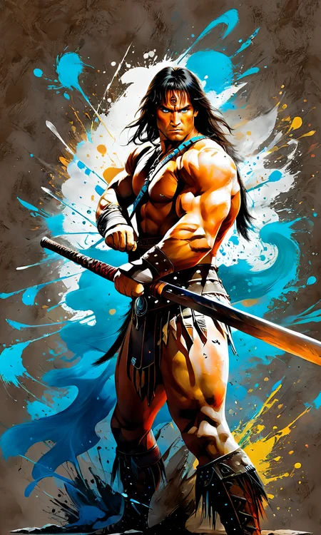 portrait of conan the barbarian with a sword, paintsplashsdxl, <lora:paintsplashsdxl:1>, vibrant color, best quality, masterpiece, green and blue paint, 5 fingers
