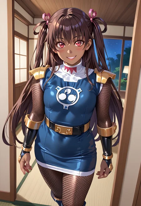 score_9, score_8_up, score_7_up, BREAK,
1girl, solo, defYuki, tan, dark-skinned female, brown hair, red eyes, two side up, long hair, sentaikageblue, shiny clothes, spandex, silver bodysuit, fishnet bodysuit, bodysuit under clothes, black dress, shoulder pads, black belt, black gloves, boots, boots, blush, small smile, looking at viewer, indoors, tatami, sliding door, room, night,