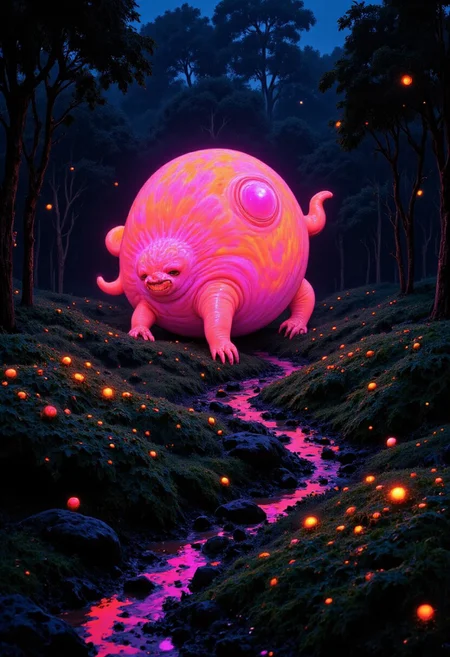 weird fluorescent blob creature in magical forest with fireflies, fluorescent plants, otherworldly. masterpiece, best quality, high quality, high-res, ultra-detailed, best quality, 8K, high resolution, extreme detail, photography, Hyper-realistic, many details, extreme detailed, full of details, monster, creature, highly detailed,  moody, epic, gorgeous, film grain, grainy
