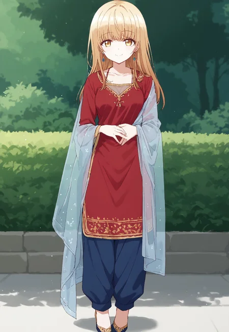 safe_pos, 1girl, solo, score_9_up, score_9, source_anime, mahiru shiina, bangs, blonde hair, brown hair, yellow eyes, closed mouth, smile, looking at viewer, standing, medium breast, fullbody , depts of field, expressiveh, <lora:Salwar_kameez:1> Traditional Indian, red tunic, intricate neckline, blue trousers, plain earrings, high heels, Salwar kameez, sheer sleeves, Sheer , Deep V-neckline , plain dress, shawl on chest, transparent shawl