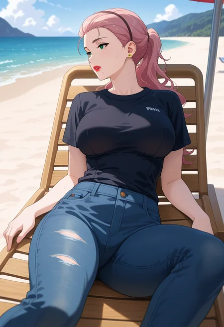masterpiece, best quality, amazing quality, 1girl, solo, shelleyww, mature female, green eyes, pink hair, long hair, ponytail, mole under mouth, lipstick, earrings, large breasts, t-shirt, jeans, <lora:Rolen_Shelley_Bravern_ill:0.8>, lying, on chair, parted lips, looking ahead, sweat, outdoors, day, beach, ocean, beach umbrella, beach towel, beach chair, skindentation, detailed clothing folds, depth of field, sharp, high contrast, dynamic light