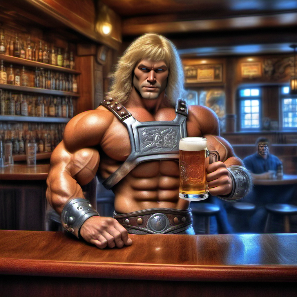 HDR photo of a muscular man, blond long hair, blue eyes, boots, manly, armor, having a beer in a pub <lora:He-man1024:0.8> . High dynamic range, vivid, rich details, clear shadows and highlights, realistic, intense, enhanced contrast, highly detailed