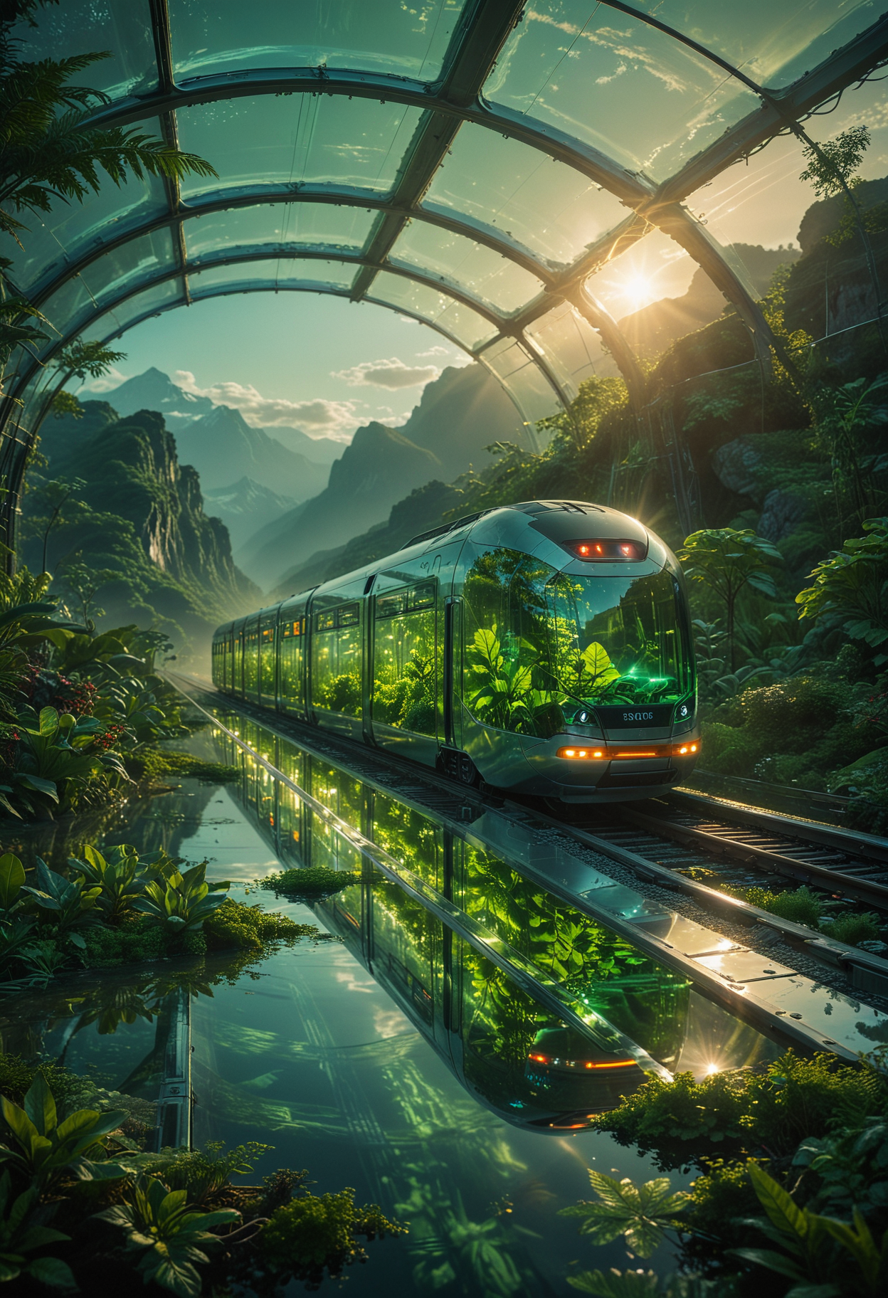 futuristic and cinematic scene, an advanced train with a sleek transparent glass exterior, traveling through a breathtaking landscape, with mountains on distant, the train's interior is filled with vibrant green plants, creating a miniature greenhouse effect, The surrounding environment is bathed in soft ethereal light filtering through gaps in the dense foliage, casting a glow on the reflective water below, the atmosphere is serene and otherworldly, combining elements of nature and futuristic technology, <lora:MJ52:0.3>, <lora:SDXLFaeTastic2400:0.3>, <lora:CinematicStyle_v1:0.8>, <lora:zavy-cntrst-sdxl:0.6>