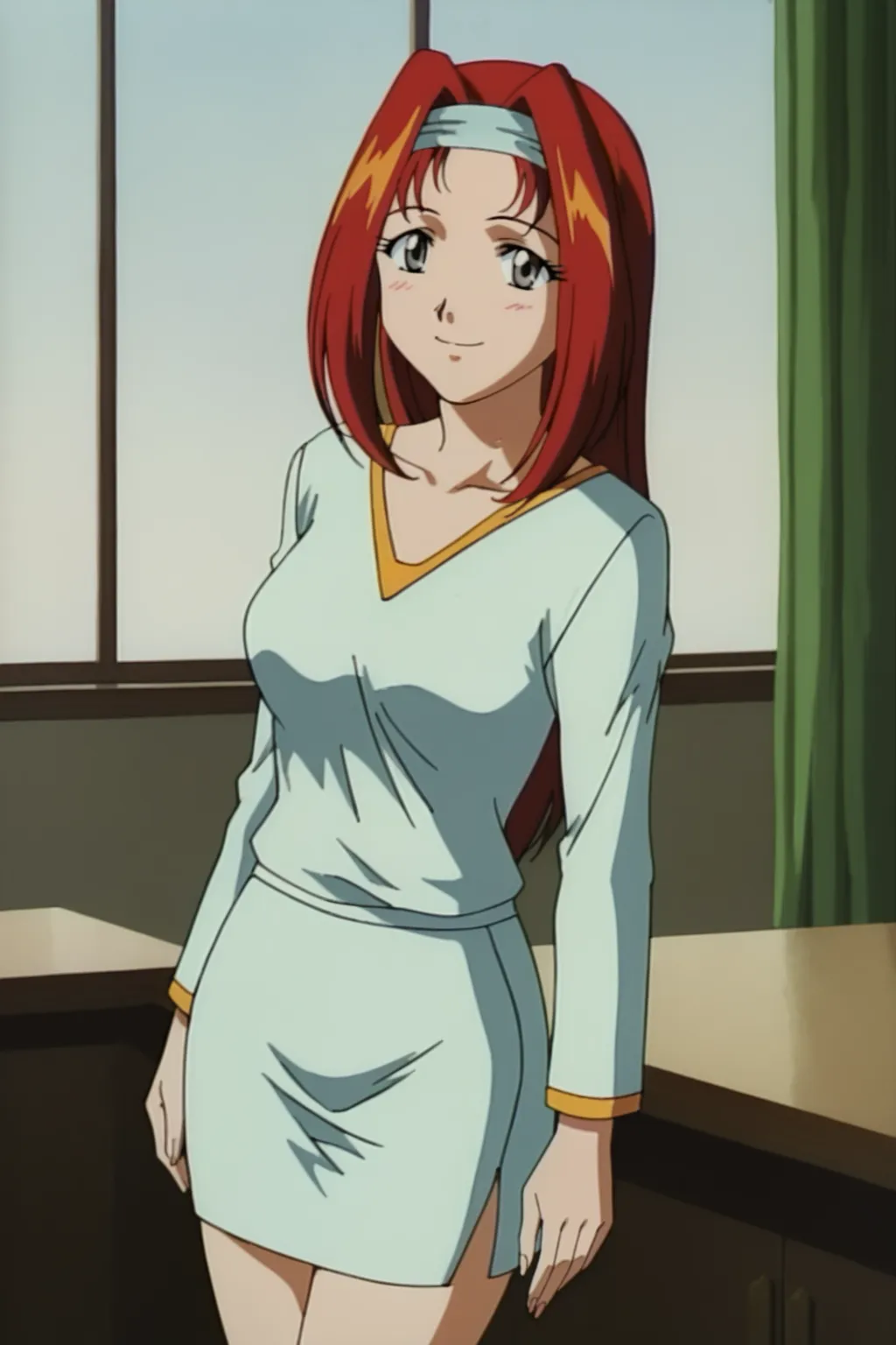 score_9, best, masterpiece, uncensored,
indoors,
1girl, solo, smile, 1990s (style), retro artstyle,
DWKojiJitsuko, RegOutfit, headband, light blue v-neck with pink accents, light blue pencil skirt, grey eyes,
<lora:DWKojiJitsuko:0.8>​​​