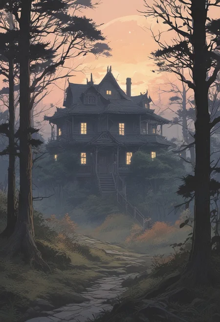 scenery, ((night, starry)), (Japanese anime style), wilderness, distant landscape, clearing in the forest, abandoned house, fog, sunset, fantasy, atmosphere of sadness, cool tone, minimum lighting, masterpiece, best quality, ultra-detailed