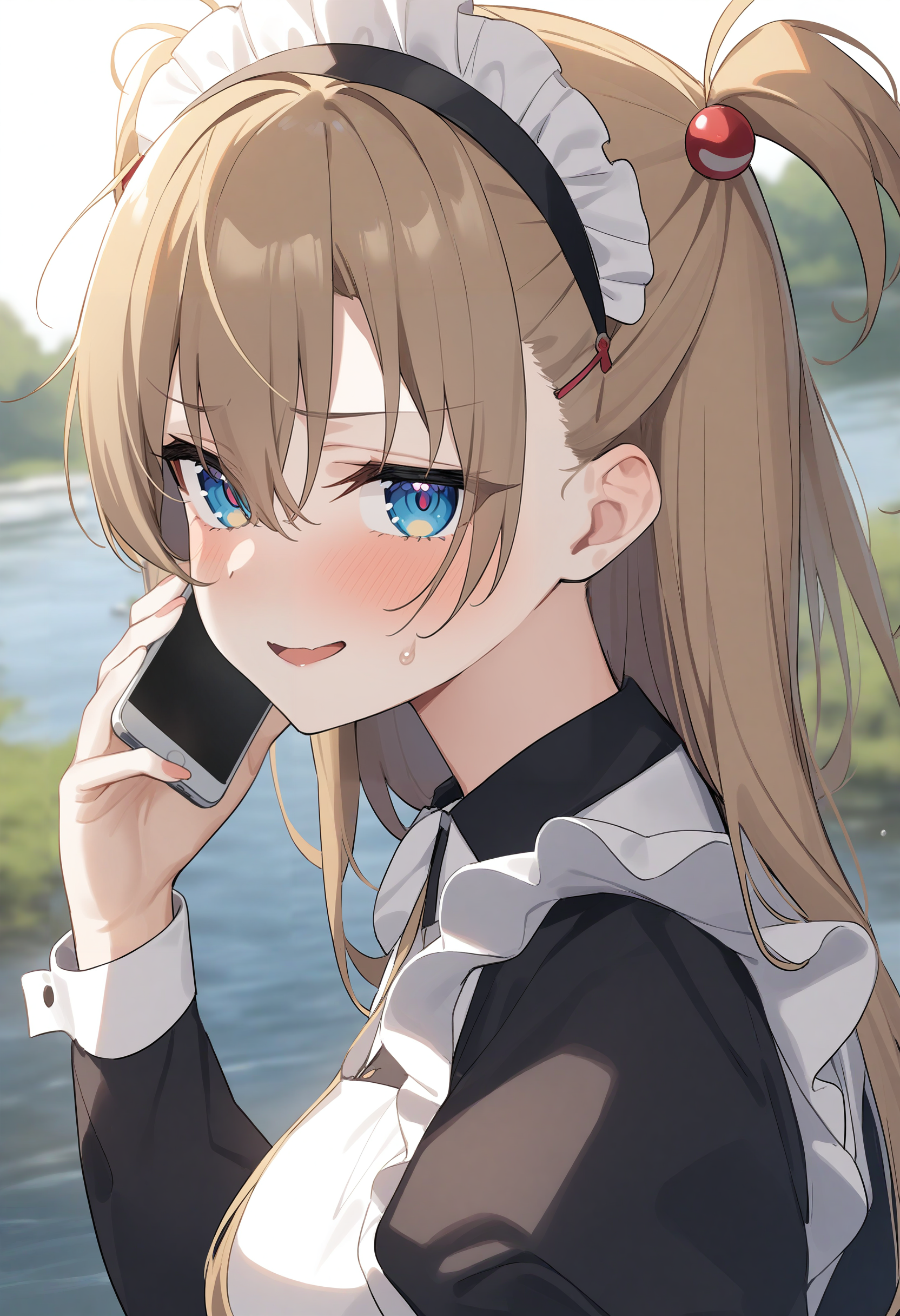 1girl,sincos, ningen mame, toosaka asagi,solo,large breasts,20yo,maid,maid headdress,
talking on phone ,smartphone,<lora:talkingonphone_XL_v1:0.8>
from behind, portrait, looking at viewer, blonde hair, blue eyes,seductive grin smug, lake, open mouth, two side up hair,,
masterpiece,best quality, very aesthetic, absurdres