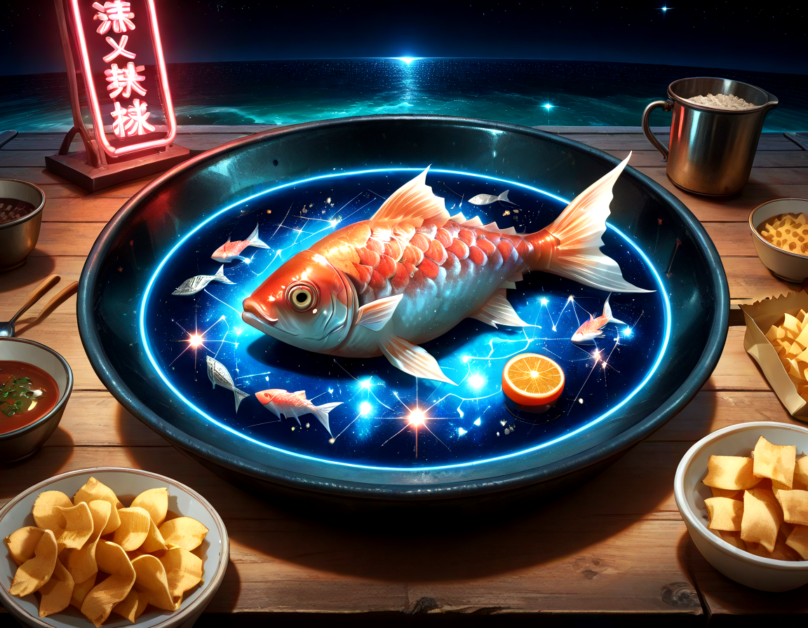 Food photography style , Stable_Yogis_PDXL_Positives, masterpiece, best quality, amazing quality, very aesthetic, absurdres, highres, high detail, by Chako Abeno, dutch angle, Colored neon lights for an edgy and futuristic look (Colored Neon Lights)., (no humans:1.3), sfw, usnr,
starry_morph, a dish of ( fish and chips ) flying in an isolated region of deep space, far from any celestial bodies, with a vast, dark expanse surrounding the ship, outdoors,
<lora:Starry_Morph_PonyXL:1> <lora:hand 5.5:1> <lora:Dynamic Poses:1> <lora:illustrious_noobai_epsilon_pred_11_very_aesthetic_v1:0.35> <lora:USNR STYLE_XL_lokr:0.25>, . Appetizing, professional, culinary, high-resolution, commercial, highly detailedâââ