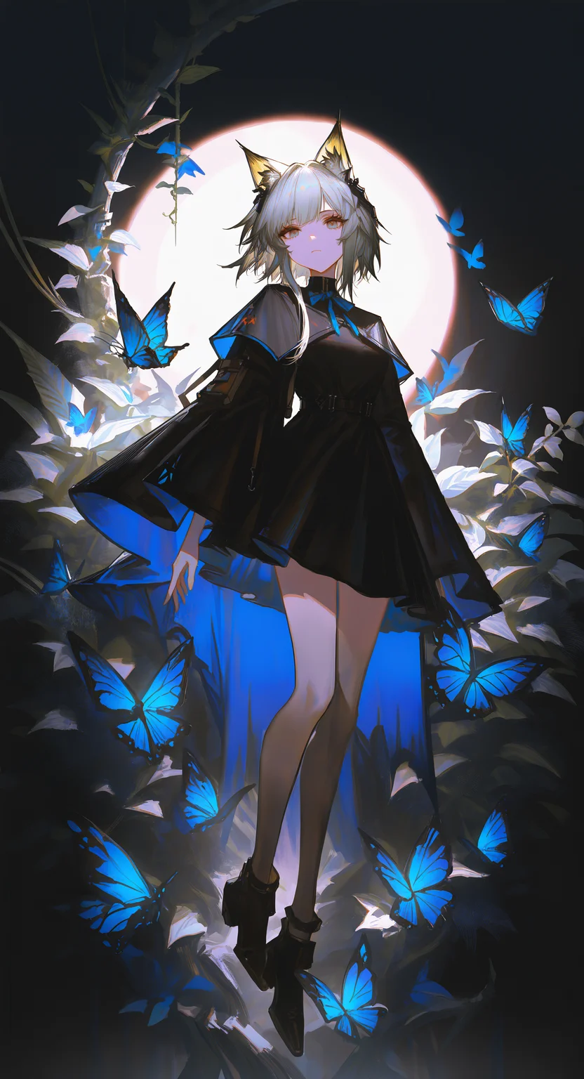 masterpiece, best quality, Good quality, very aesthetic, absurdres, newest, 1girl, kal'tsit (arknights),by rella, solo, long_hair, long_sleeves, dress, closed_mouth, full_body, grey_hair, black_footwear, black_dress, neck_ribbon, expressionless, moon, plant, bug, butterfly, black_coat, covered_eyes, limited_palette, vines, two-sided_fabric, blue_butterfly, looking_at_viewer, <lora:ponyv5_noobE11_1_adamW-000013:0.8> <lora:USNR_STYLE_XL_lokr:1>
