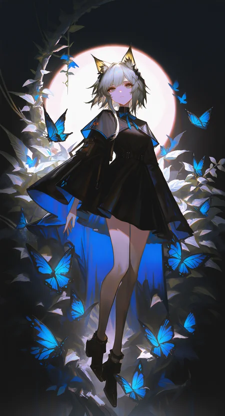 masterpiece, best quality, Good quality, very aesthetic, absurdres, newest, 1girl, kal'tsit (arknights),by rella, solo, long_hair, long_sleeves, dress, closed_mouth, full_body, grey_hair, black_footwear, black_dress, neck_ribbon, expressionless, moon, plant, bug, butterfly, black_coat, covered_eyes, limited_palette, vines, two-sided_fabric, blue_butterfly, looking_at_viewer, <lora:ponyv5_noobE11_1_adamW-000013:0.8> <lora:USNR_STYLE_XL_lokr:1>