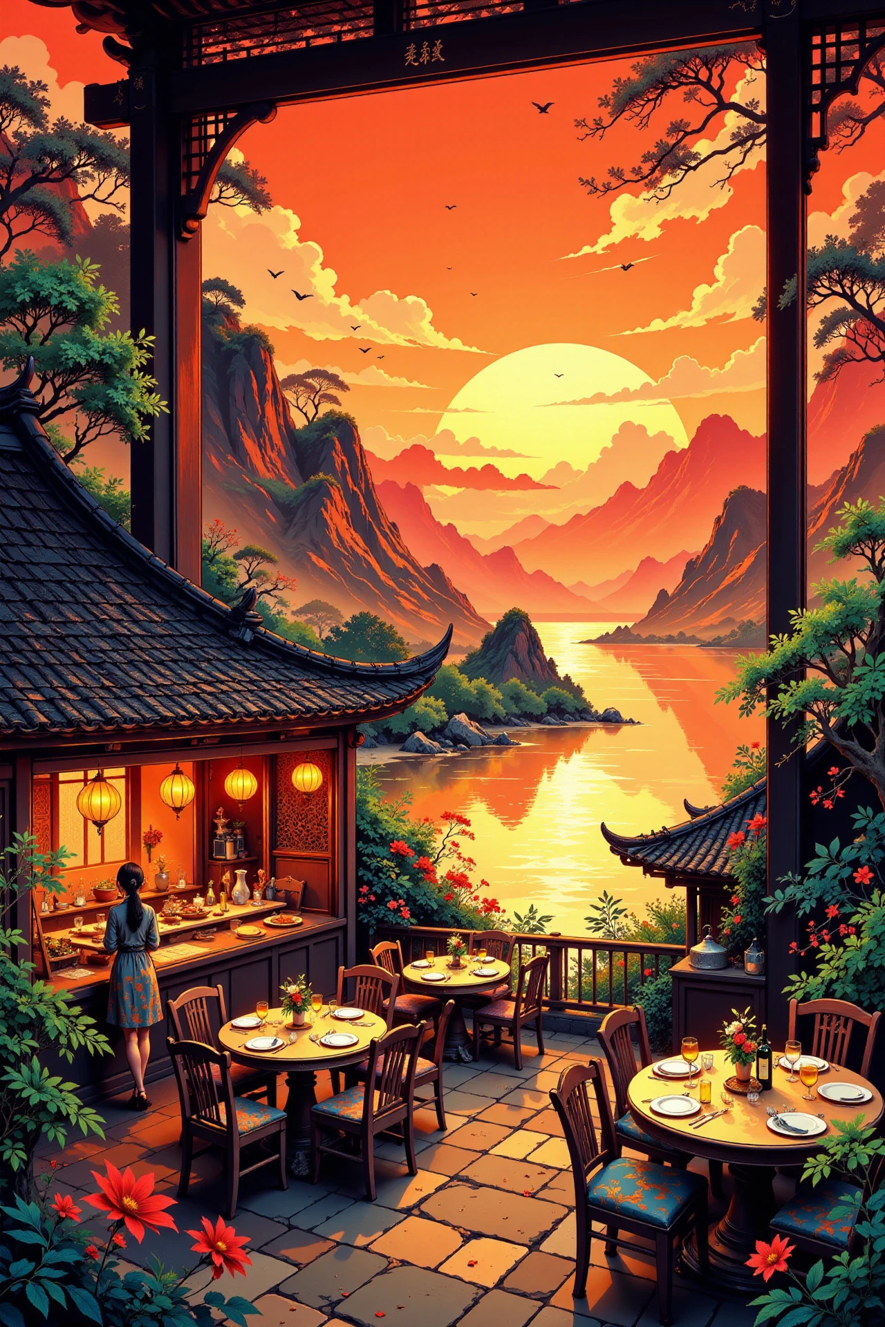 a restaurant beautiful  anime landscape, sunset, woman, very intricate, very detailed, sharp, bright, colorful, <lora:Hand v2:0.5> <lora:Anti-Blur:1><lora:Insane Detail Slider:0.25>  <lora:flux.1_lora_flyway_Epic-detail_v2:0.3> <lora:fluxenhancer:0.25> <lora:ROWER:0.6> <lora:flux-charmer-v1-1:0.4> <lora:Chinese_Ink:0.6> chinese ink style