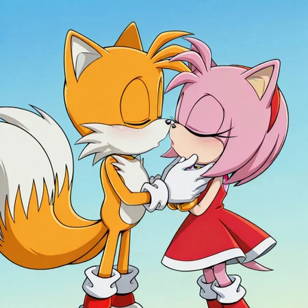 <lora:Tails_-_Sonic_X_IL:1.0> 1boy, male, Tails_IL,  white gloves, imminent kiss, closed eyes, AmyRose, 1girl, bright pink fur, large closed eyes, bangs, red dress with white trim, white gloves, red boots with white stripes, Gold circular bracelets, sonic the hedgehog, imminent kiss, closed eyes, kiss