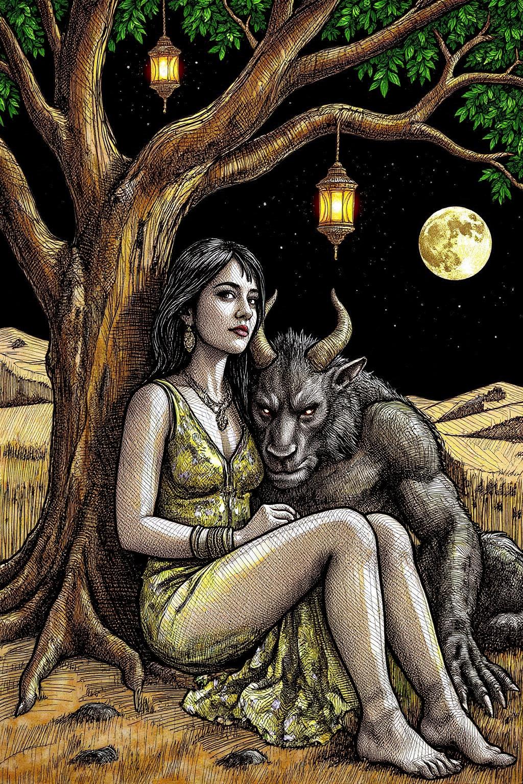 crosshatch drawing of a scene from Arabian Nights, rendered in intricate, colorful detail. A beautiful woman and a sleeping demon. The woman sits gracefully under a sprawling tree with lush, curving branches and hanging vines. She has striking, almond-shaped eyes, dark flowing hair, and wears elegant traditional attire with ornate jewelry that glimmers softly under the moonlight. Her expression is calm and serene as she gazes thoughtfully into the distance. Resting his head gently on her lap is a large demon with a powerful, otherworldly presence. The demon, though fearsome in size, appears vulnerable as he lies beside her. His skin has a muted, earthy tone, and his features--sharp and beastly--are softened by a look of weary contentment. His claws are retracted, and he exudes a mixture of strength and peace in her presence. The tree's twisted branches arc above them, framing the scene like a natural canopy. Golden lamps hang from the tree, casting warm, soft light, illuminating the two figures in a magical glow. The background is a deep, starry night, with hints of distant desert dunes and a crescent moon overhead, creating an enchanting and mystical ambiance that draws the viewer into this world of fantasy and myth. <lora:crosshatch1_nocap_d6a3:1.0><lora:807679913239874942:0>