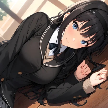 (masterpiece),(best quality),(ultra-detailed),(best illustration),(best shadow),(absurdres),(detailed background),(very aesthetic), haruka_morishima, 1girl, kibito high school uniform, solo, black hair, school uniform, lying, on side, long sleeves, looking at viewer, jacket, long hair, hairband, black jacket, smile, breasts<lora:Haruka_Morishima:1>