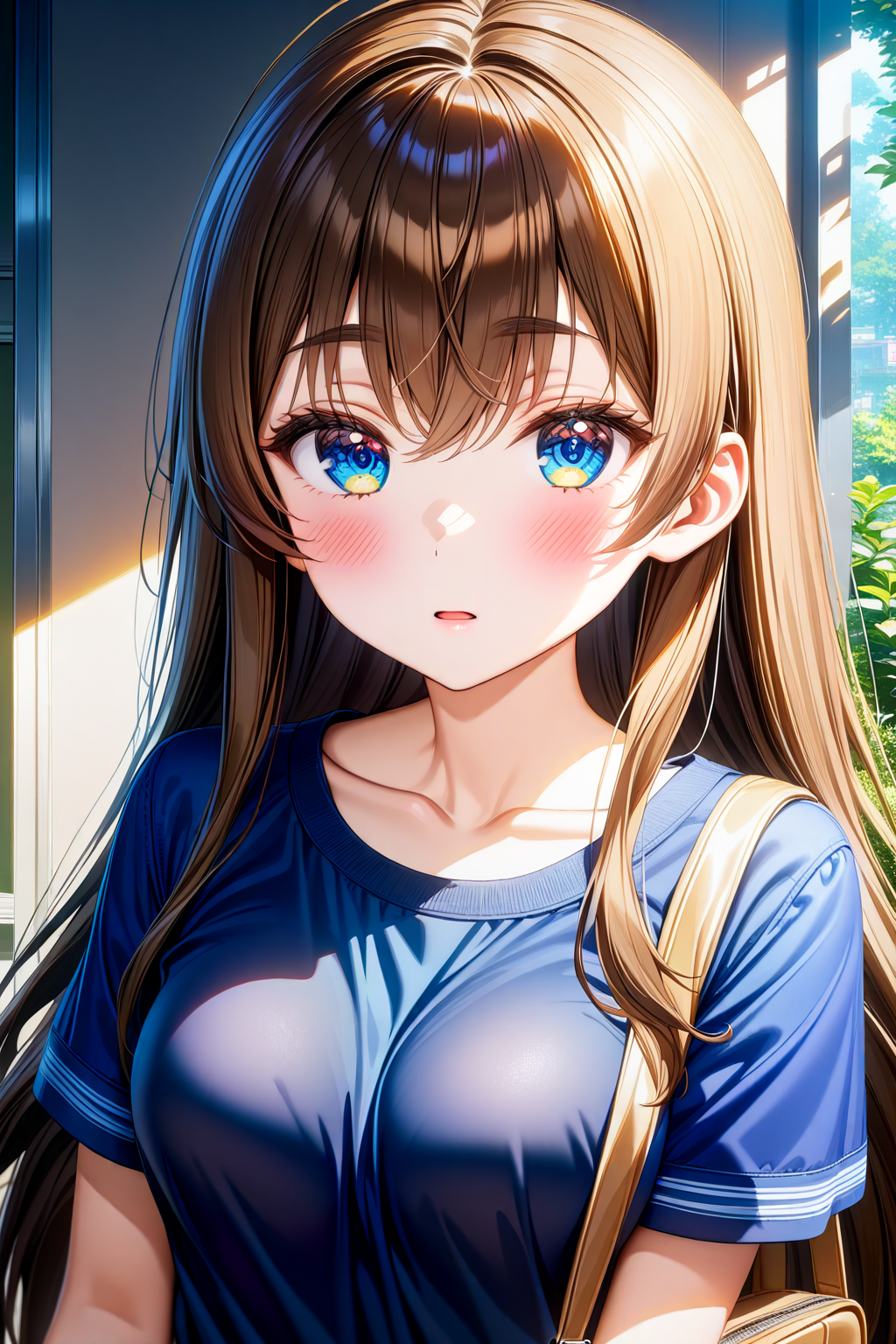 16k, 8k, 4k,
best quality, extremely detailed fine touch, hyper detailed, highly detailed, top quality, extreme quality, ultra details, absurdres, masterpiece,
amazing details, beautiful illustration, detailed face,
high resolution, highres,
digital painting, anime,
very aesthetic, natural light, sun light, light rays, dappled light, reflection, shadows, ray tracing, soft lighting,
bright colors, vivid colors, hdr, volumetric lighting,
<lora:Fuuka Sasaki(sdxl):0.8> Fuuka_Sasaki, 1girl, bag, bangs, blue eyes, blue shirt, blush, breasts, brown hair, collarbone, eyebrows visible through hair, hair between eyes, long hair, looking at viewer, parted lips, school bag, shirt, short sleeves, shoulder bag, solo, very long hair