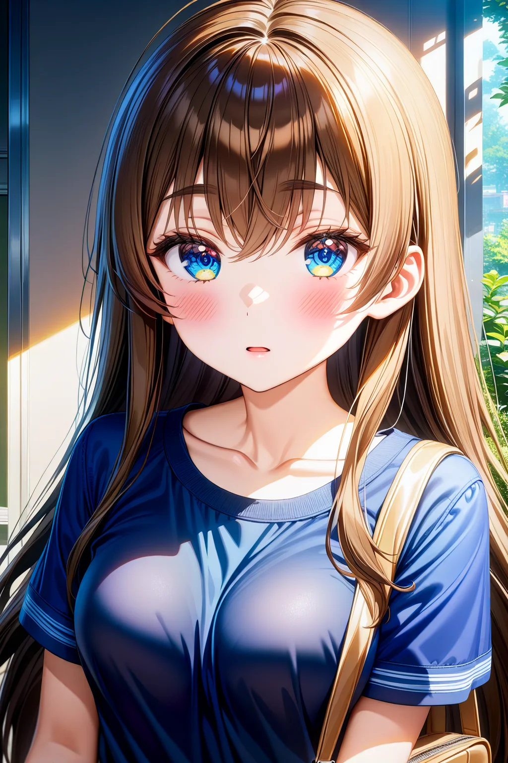 16k, 8k, 4k,
best quality, extremely detailed fine touch, hyper detailed, highly detailed, top quality, extreme quality, ultra details, absurdres, masterpiece,
amazing details, beautiful illustration, detailed face,
high resolution, highres,
digital painting, anime,
very aesthetic, natural light, sun light, light rays, dappled light, reflection, shadows, ray tracing, soft lighting,
bright colors, vivid colors, hdr, volumetric lighting,
<lora:Fuuka Sasaki(sdxl):0.8> Fuuka_Sasaki, 1girl, bag, bangs, blue eyes, blue shirt, blush, breasts, brown hair, collarbone, eyebrows visible through hair, hair between eyes, long hair, looking at viewer, parted lips, school bag, shirt, short sleeves, shoulder bag, solo, very long hair