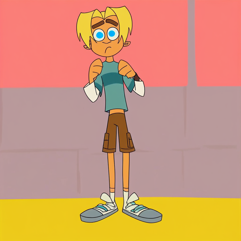 Gil, blonde hair, solo, 1boy, male focus, blue eyes, blonde hair, shirt, short over long sleeves, shorts,   score_9, score_8_up, score_7_up, score_6_up <lora:vinceteaa_020_04v2-step00000400r:1> good face, good eyes, looking at viewer, full body, standing,