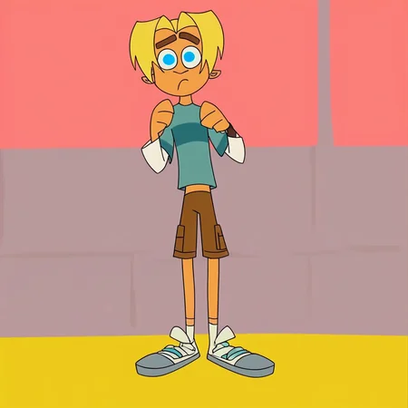 Gil, blonde hair, solo, 1boy, male focus, blue eyes, blonde hair, shirt, short over long sleeves, shorts, score_9, score_8_up, score_7_up, score_6_up <lora:vinceteaa_020_04v2-step00000400r:1> good face, good eyes, looking at viewer, full body, standing,