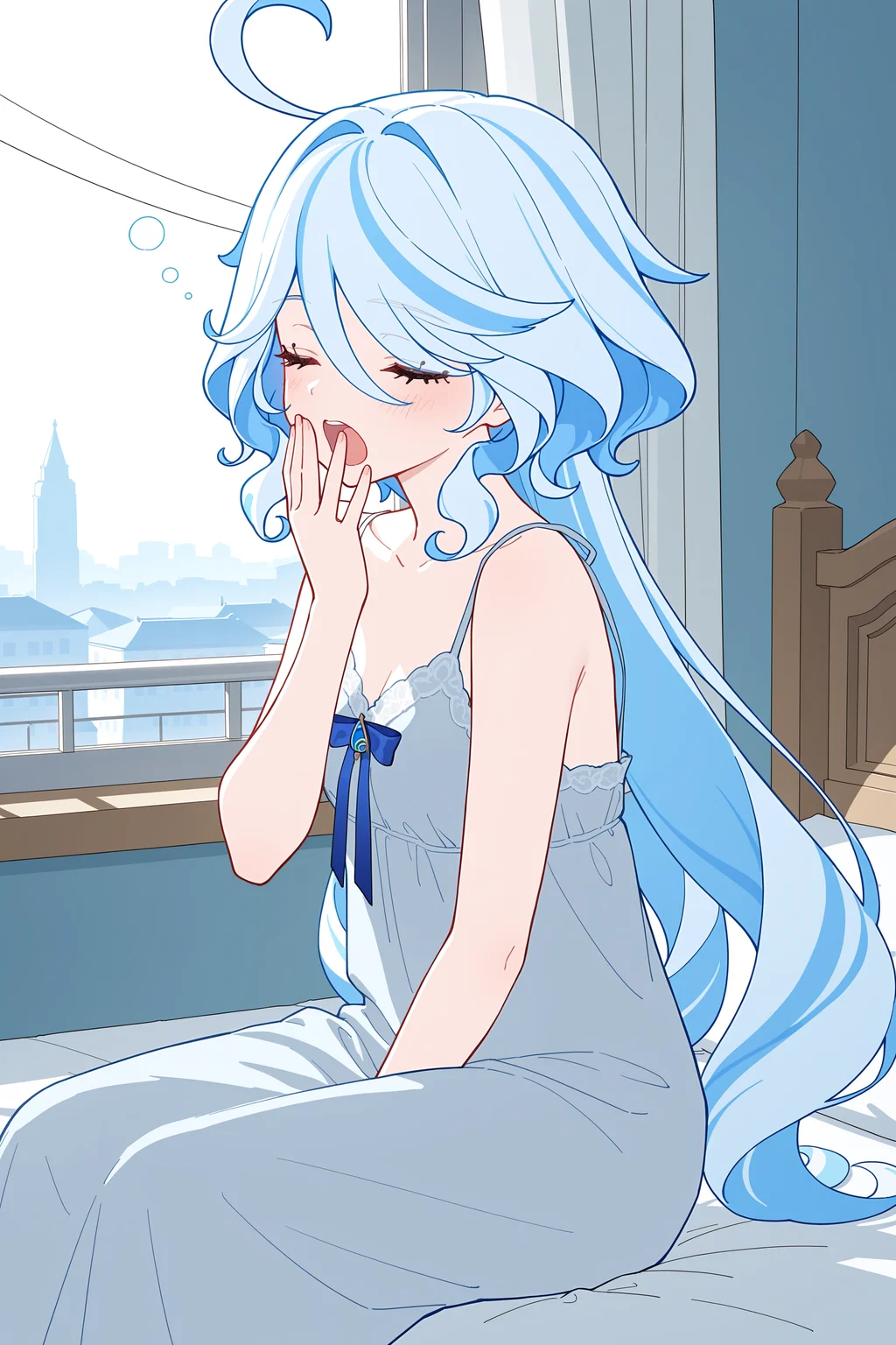 adult,(meture),(adult,(natural hair),furina (genshin impact),long hair,light blue hair, ),
[[kanase\(mcbrwn18\):0.95]],rj\(lingshih10\),[situki:0.98],[[ningen mame]],[[[ciloranko:0.85]]],
nightgown,
upper body,close-up,wide shot,
(closed eyes:1.3),light blush,
((best quality,newest,absurdres,highres,very detailed,masterpiece,safe)),(flat color:1.5),
wake up,yawning,covering mouth,bed,sitting,open curtains,window,day,morning,power_lines,cityscape,