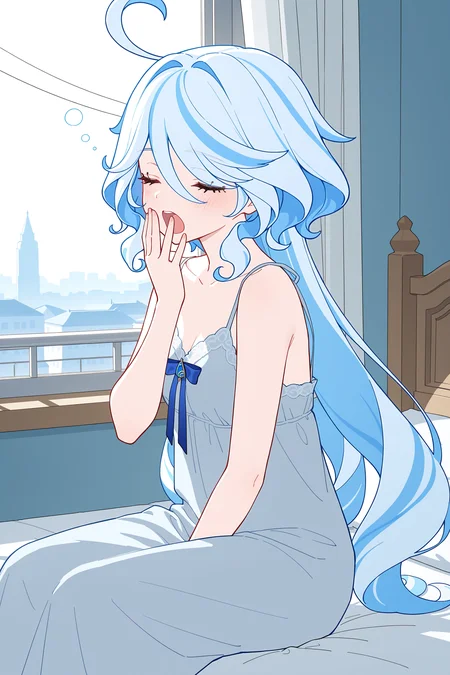 adult,(meture),(adult,(natural hair),furina (genshin impact),long hair,light blue hair, ),
[[kanase\(mcbrwn18\):0.95]],rj\(lingshih10\),[situki:0.98],[[ningen mame]],[[[ciloranko:0.85]]],
nightgown,
upper body,close-up,wide shot,
(closed eyes:1.3),light blush,
((best quality,newest,absurdres,highres,very detailed,masterpiece,safe)),(flat color:1.5),
wake up,yawning,covering mouth,bed,sitting,open curtains,window,day,morning,power_lines,cityscape,