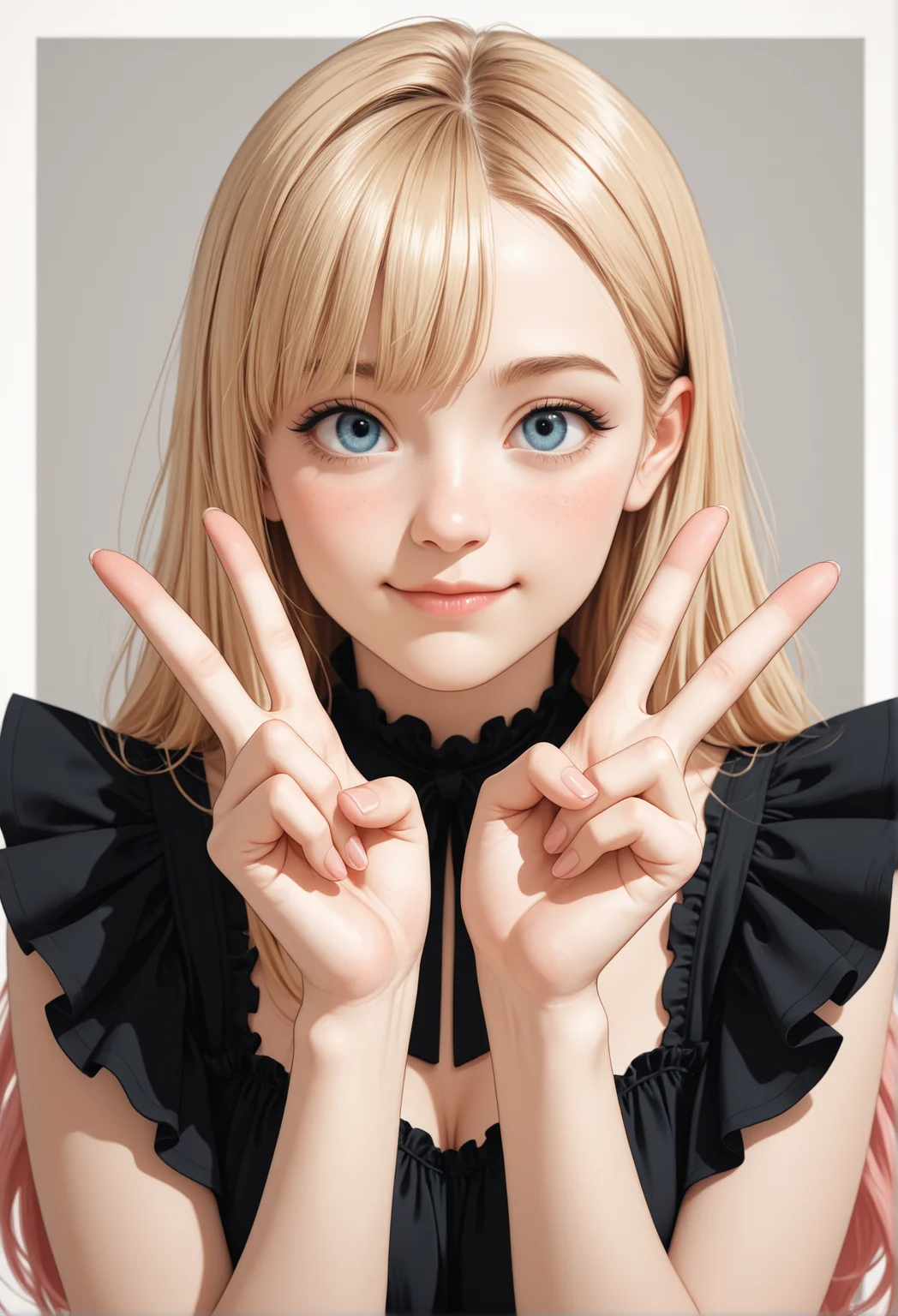 masterpiece, detailed_eyes, high_quality, best_quality, highres, subject_focus, depth_of_field,
woman, blue_eyes, blonde, pink_hair, asymmetrical_bangs, thinking, gentle_smile, blush,  joy, v, double_v, black_blouse, frilly, looking_at_viewer, cute,
grey_background, border_frame,