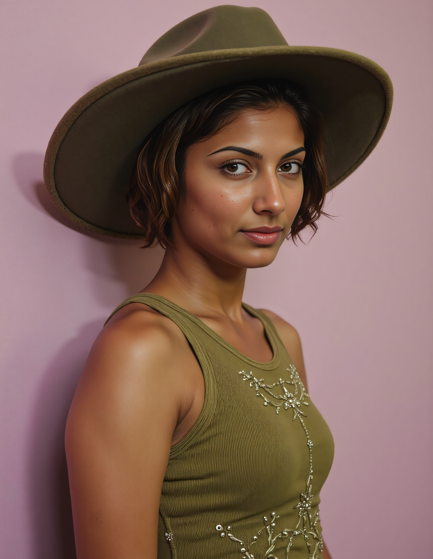cowboy shot photo of a charming  woman with a d351 m3d1um skintone, hyper realistic photo that is safe for work, serious, studio quality image with natural colors, well dressed wearing intricate sleeveless Olive full body Gym Wear, hair styled as  bob,muted pastel shaded multicolored background that contrasts with the person, cinematic lighting,âââââ <lora:d351_m3d1um_Desi_Mocha_Flux_Kohya_V3:1>âââ