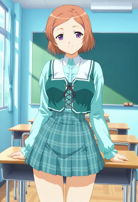 (absurdres, best quality, masterpiece:1.4), amazing quality, highres, newest, detailed, detailed body, detailed face, source anime, anime coloring, beautiful, 
BREAK
KazuMiri, 1girl, solo, orange hair, bob cut, parted bangs, hairclip, purple eyes, school uniform, green bodice, plaid skirt, smile, standing, classroom,