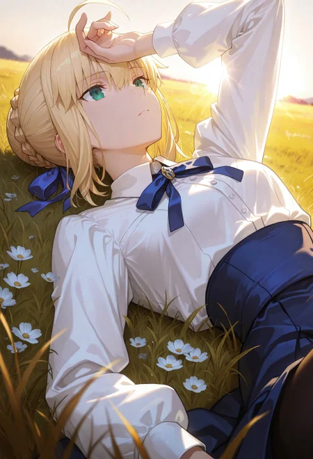 cinematic, (masterpiece), (best quality), (ultra-detailed), very aesthetic, illustration, perfect composition, ultra detailed face, detailed eyes, beautiful eyes, beautiful,748cmstyle, gbf_style, light on body BREAK very awa,masterpiece,amazing quality,very aesthetic, absurdres,newest,highres, elegance, ethereal, depth of field,cold atomsphere, warm light style, artoria pendragon (fate), saber (fate), blonde hair, green eyes, ahoge, hair ribbon, blue ribbon, french braid, braided bun, single hair bun, short hair, sidelocks, neck ribbon, blue ribbon, white shirt, collared shirt, long sleeves, blue skirt, high-waist skirt, long skirt, black pantyhose, outdoors, day, sun, lying on back, grass, lying on grass, arm up, on back, hand on own head, hand on own forehead, emotionless, close up, upper body