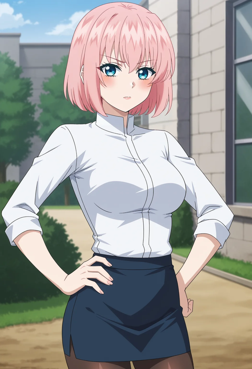 <lora:Rishe_Irmgard_Weitzner-7th_Time_Loop:0.8>,Rishe,1girl,solo,pink hair,short hair,blue eyes,breasts,white shirt, pencil skirt, pantyhose,hand on own hip,looking at viewer,blush, outdoors,cowboy shot,