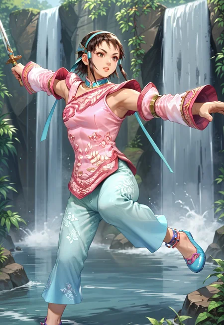 score_9, score_8_up, score_7_up,source_anime,,(masterpiece:1.3), (high quality:1.3),(1girl: xianghua-sc3a,brown hair,short hair,brown eyes, long sidelocks,hair tube,aqua hair ribon,mandarin collar,pink china clothes,pink detached sleeves,pants,aqua anklet,aqua shoes aqua hairband,),waterfall,holding sword,fighting pose,
