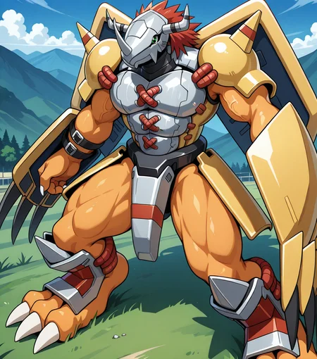 <lora:Wargreymon_(Digimon)_(Illustrious)_(AD):1>
Wargreymon, muscular, red hair, scenery, Digimon, armor, titanium chest armor, Brave_Shield wings, Dramon_Killers gauntlets, titanium shin plates, orange skin, perfect proportions, hyper muscular,