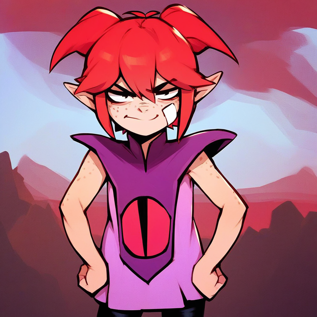 score_8, score_8_up, score_7_up, 1girl, female focus, solo, DQB_DT, red hair, antenna hair, short twintails, sidelocks, pointy ears, hair between eyes, freckles, bandaid on cheek, looking at viewer, smug, hands on own hips, looking at viewer, disgust,sleeveless dress, pink dress, purple capelet, black leggings, cowboy shot, standing, outdoors, red sky,