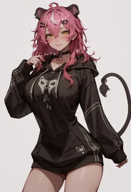 score_9, score_8_up, score_7_up, score_6_up, gravitydusty style,
1girl, alternate costume, black choker, black hoodie, blush, breasts, choker, drawstring, ear piercing, hair between eyes, hair ornament, hairclip, hood, hood up, hoodie, large breasts, long hair, long sleeves, looking at viewer, multicolored hair, panther girl, panther tail, piercing, pink hair, simple background, solo, streaked hair, tail, thighs, virtual youtuber, white background, yellow eyes,
<lora:fix_hands:1.5>,
<lora:gravitydusty_style_v1:0.8>