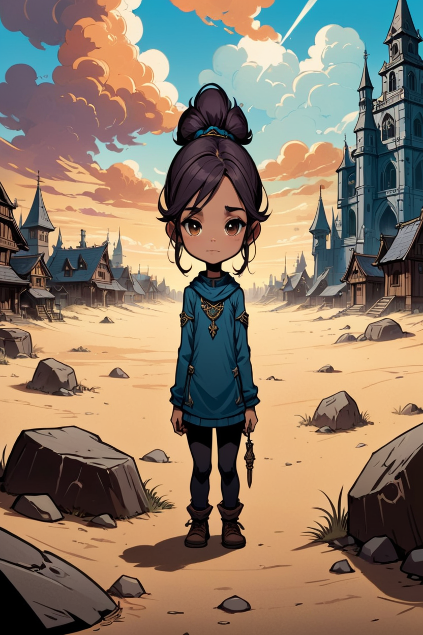 Beeple influenced chibi girl, 
FairyTale background, 
2D comic illustration, 
anime fantasy, 
fine-inked Thick-outlines, 
cel-shaded, 
contour, 
mysterious, 
Dark, 
by alphonse mucha, 
Town of Salem 2, 
darkest dungeon, 
iratus:lord of the dead